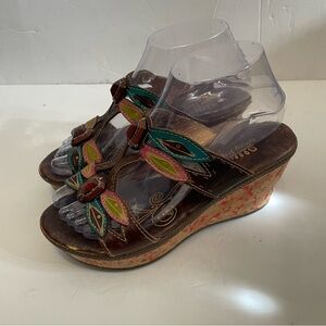 SPRING STEP Women's "Bonita" Brown Leather Slide Wedge Sandals Size 37 6.5-7